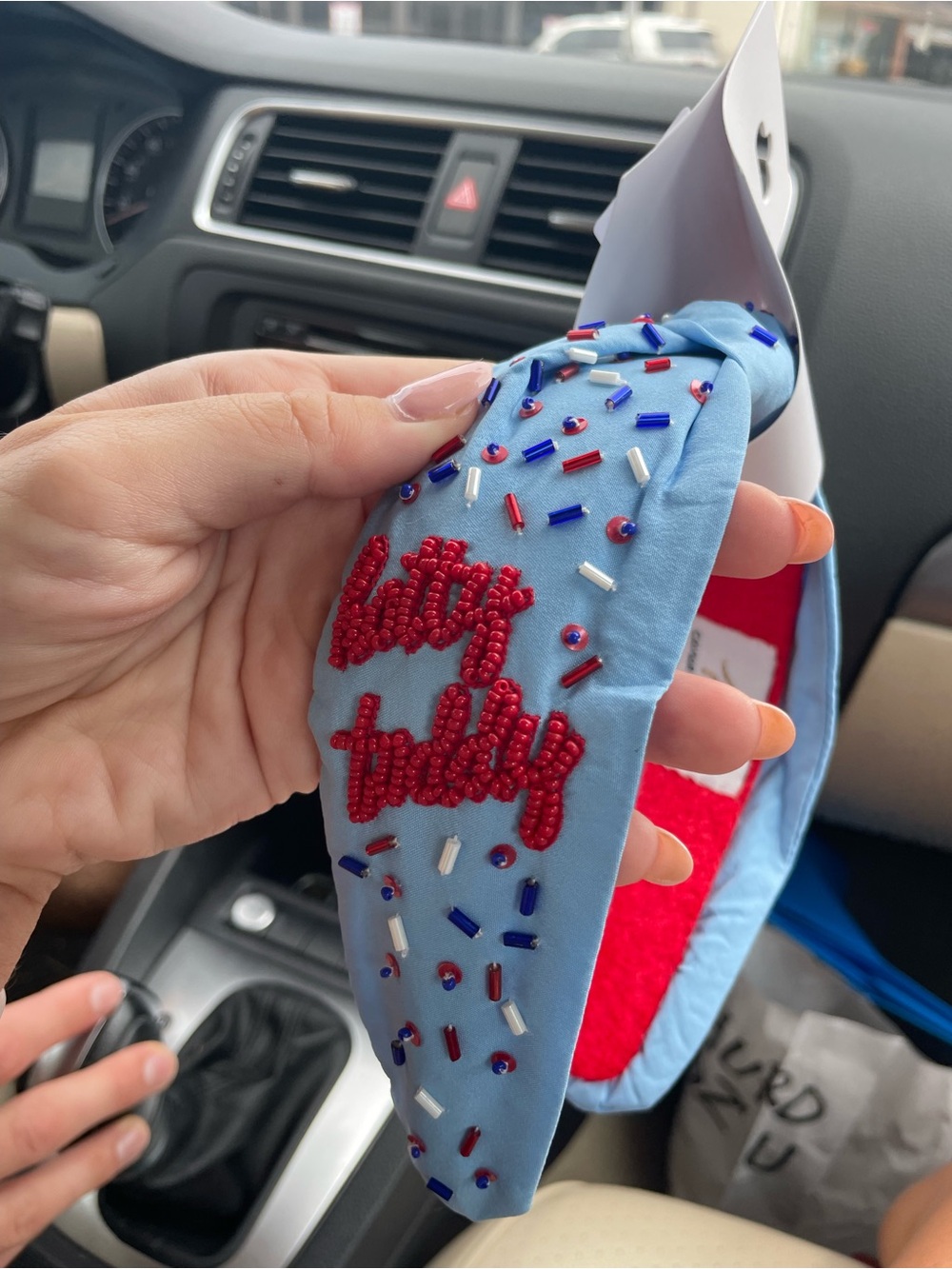 Beaded "Hotty Toddy" Light Blue Headband with Red Accents